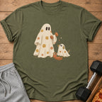 Ghost holding dumbbell with ghost dog, weights, and pizza slice.