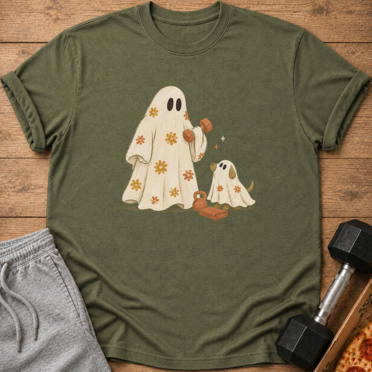 Ghost holding dumbbell with ghost dog, weights, and pizza slice.