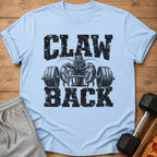 Light blue t-shirt with black graphic of lobster lifting barbell and text "CLAW BACK".