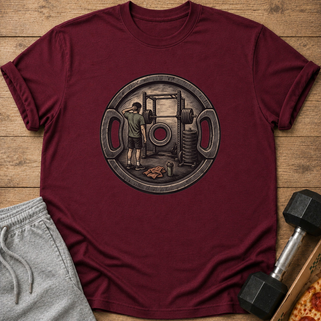 Maroon t-shirt with a circular graphic of a man at a weight rack.