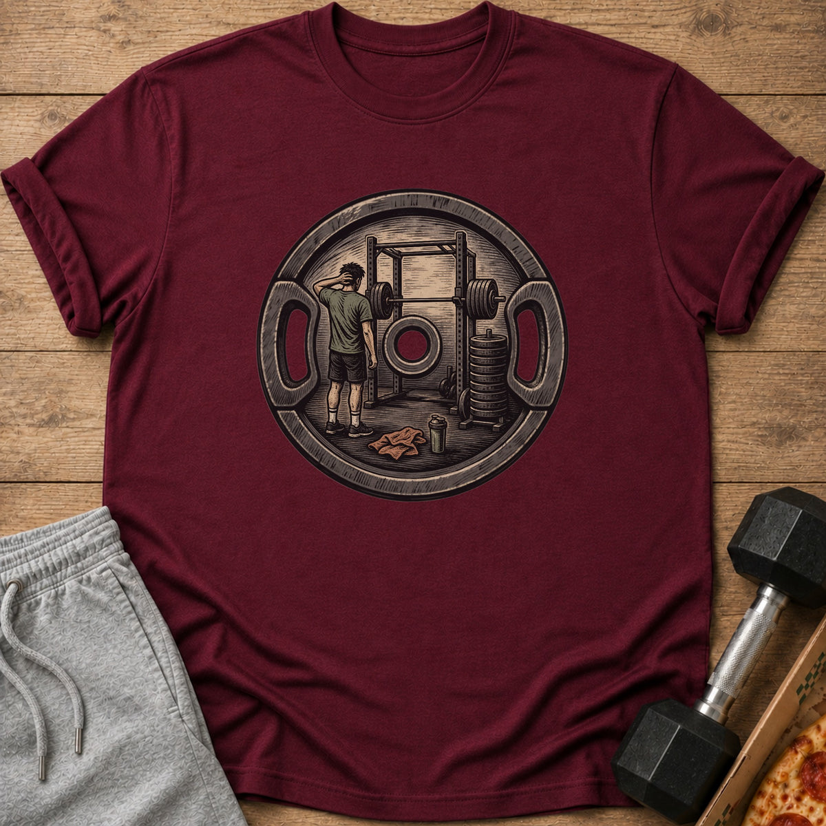 Maroon t-shirt with a circular graphic of a man at a weight rack.