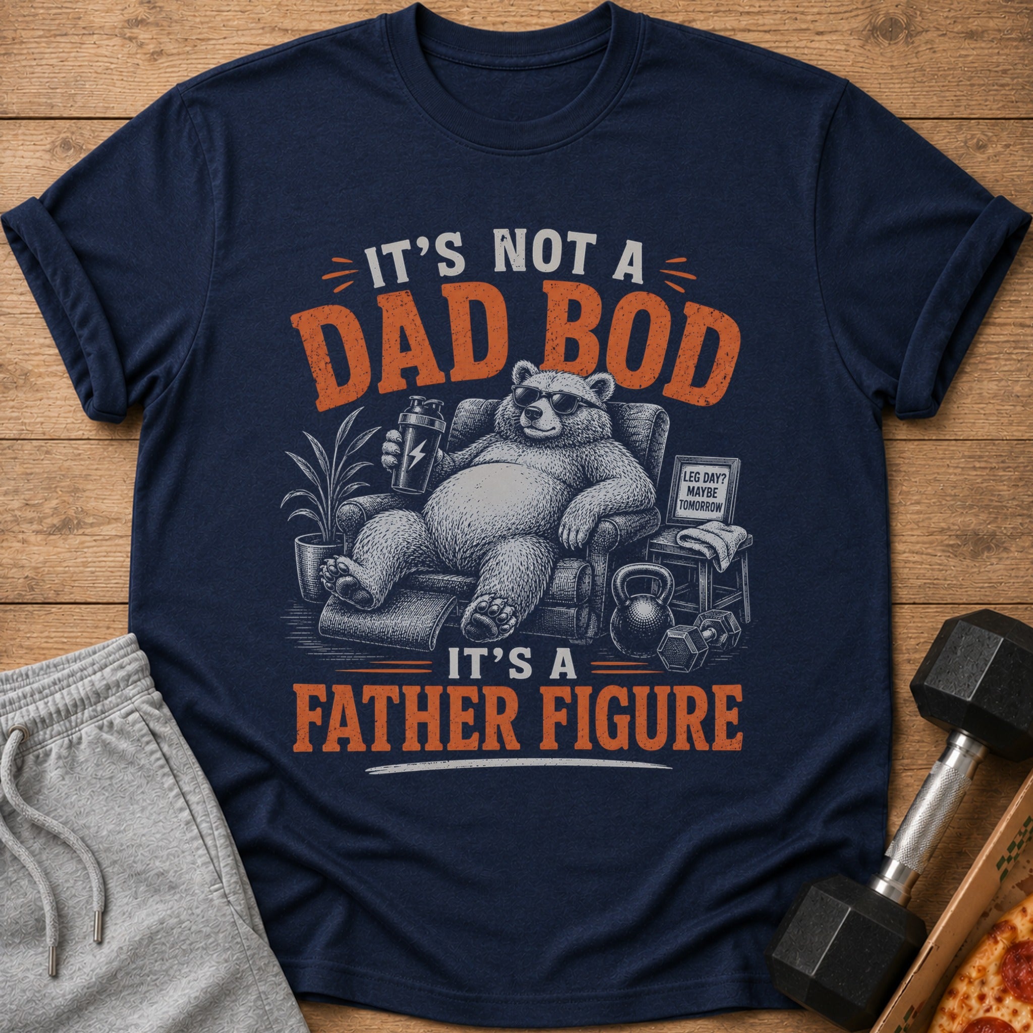 Navy t-shirt with text "It's not a Dad Bod, It's a Father Figure" and a bear.