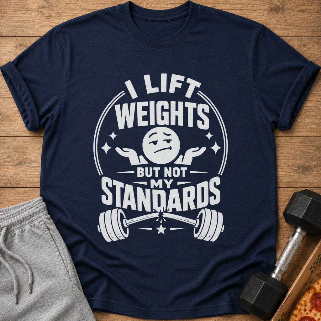 Navy t-shirt with "I lift weights but not my standards" graphic.