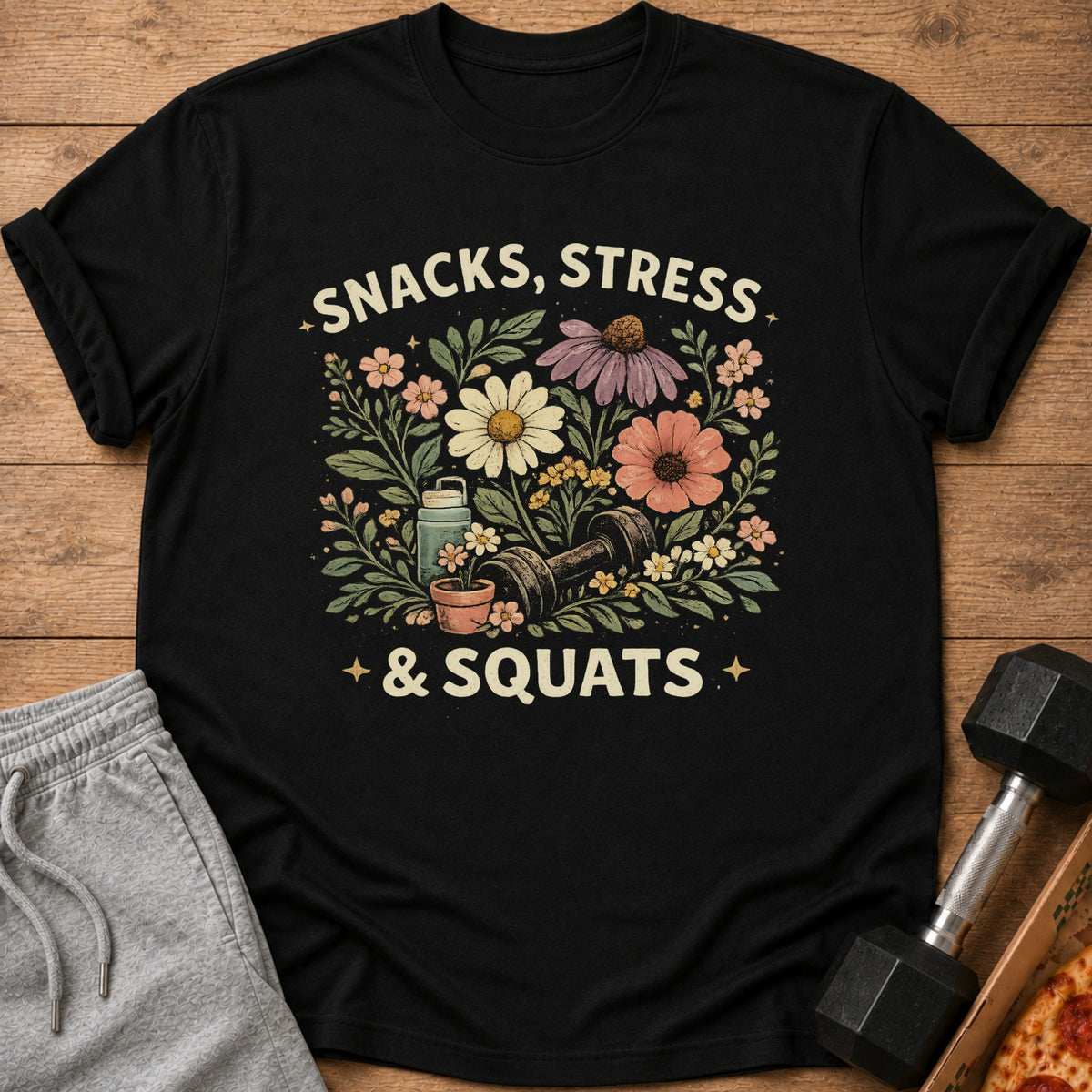 Black t-shirt with "Snacks, Stress, & Squats" text and floral dumbbell graphic.