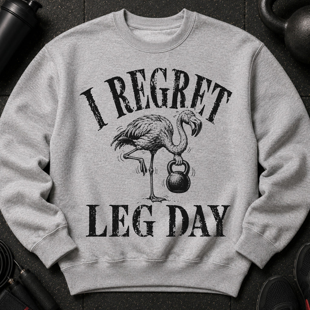 Grey sweatshirt with distressed print of flamingo holding kettlebell and text "I REGRET LEG DAY".