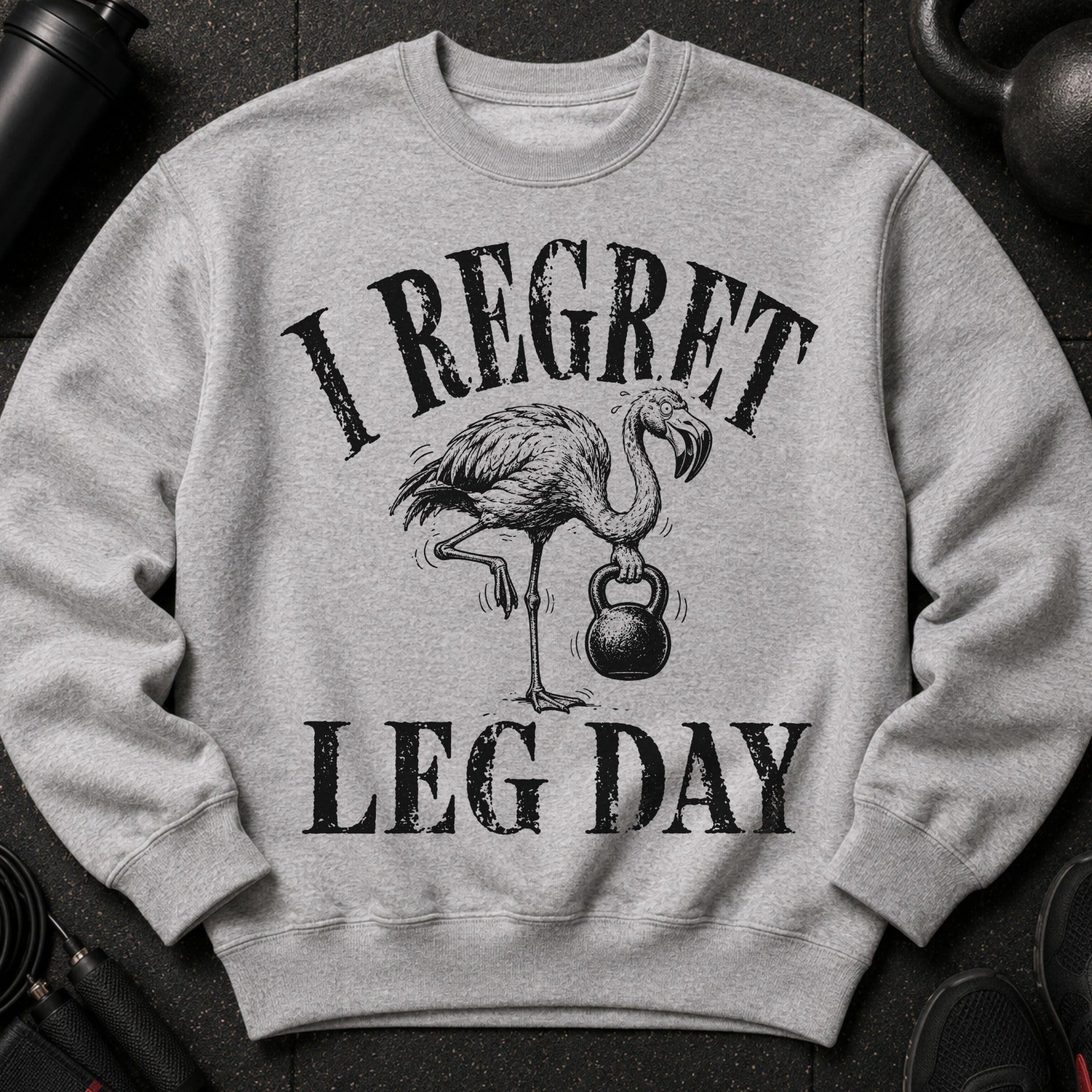 Grey sweatshirt with distressed print of flamingo holding kettlebell and text "I REGRET LEG DAY".
