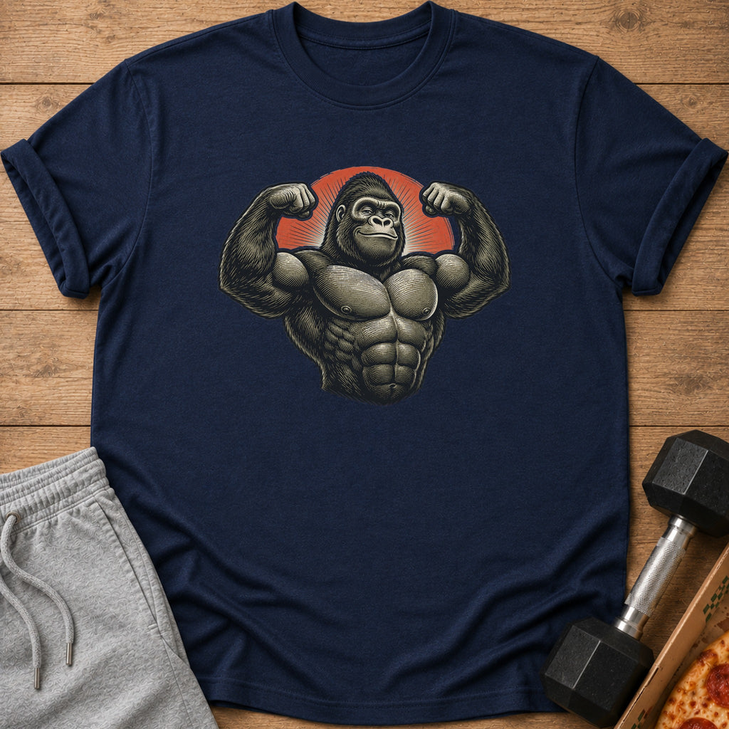 Dark blue t-shirt featuring a muscular gorilla flexing with a red sunburst background.