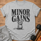 Grey t-shirt with "MINOR GAINS" text and mouse lifting dumbbell graphic.