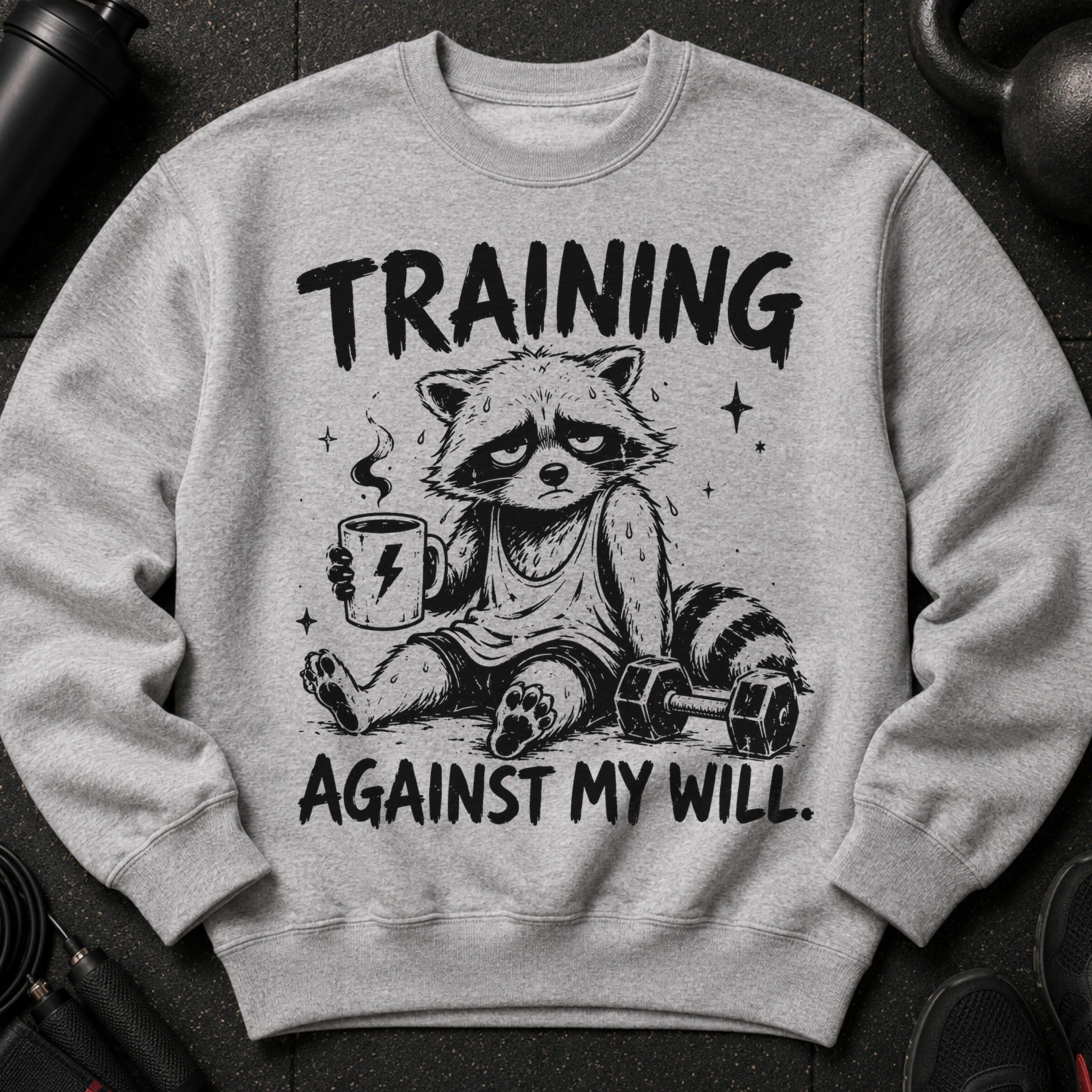 Grey crewneck sweatshirt with cartoon raccoon holding coffee, text "TRAINING AGAINST MY WILL."