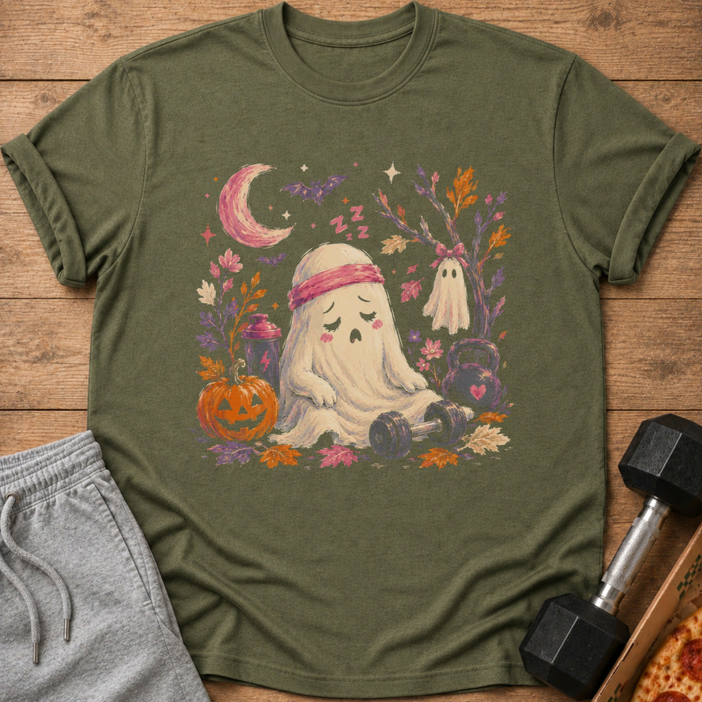 Tired ghost with headband sits near gym equipment and Halloween decorations.