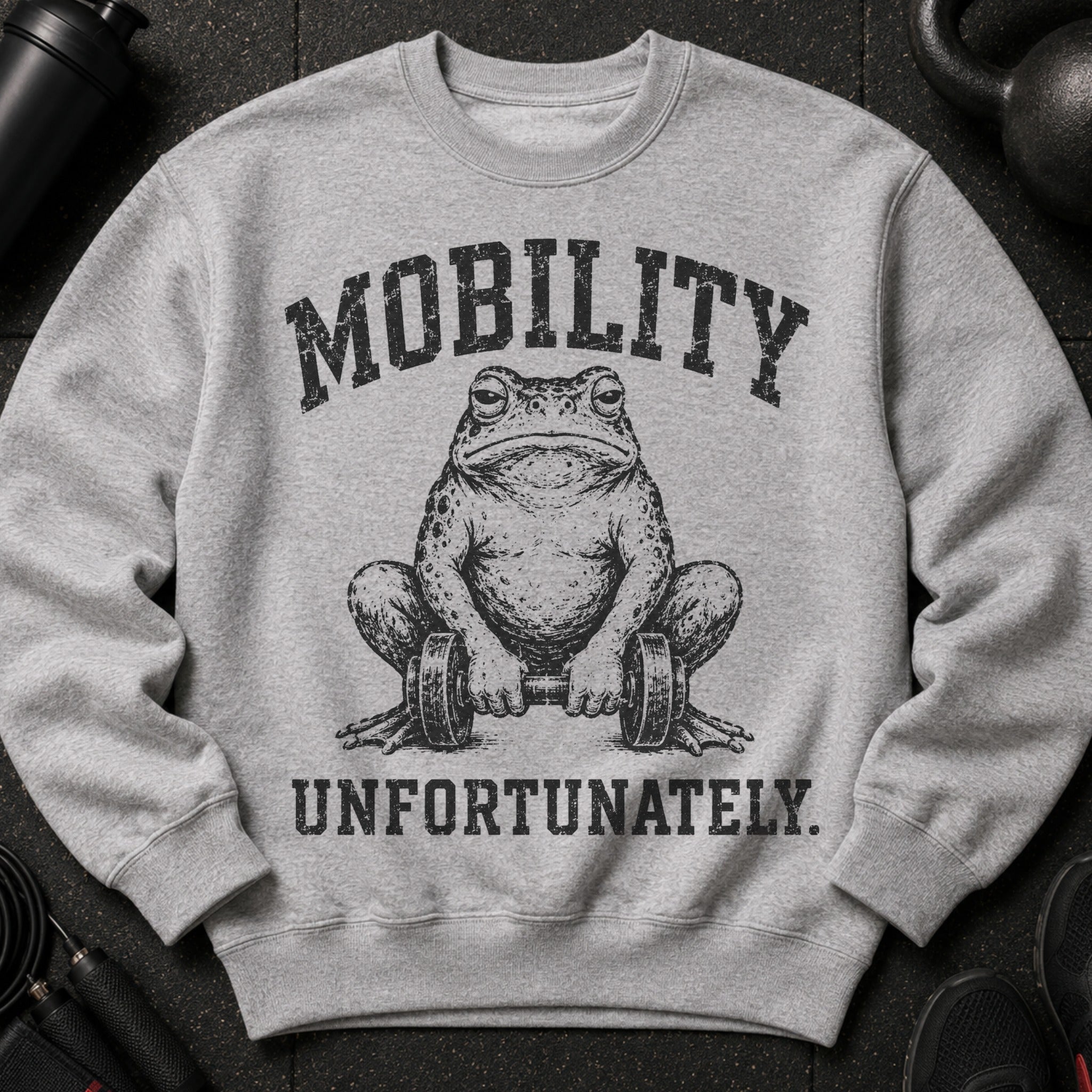 Grey sweatshirt with a frog lifting weights and text that reads MOBILITY UNFORTUNATELY.