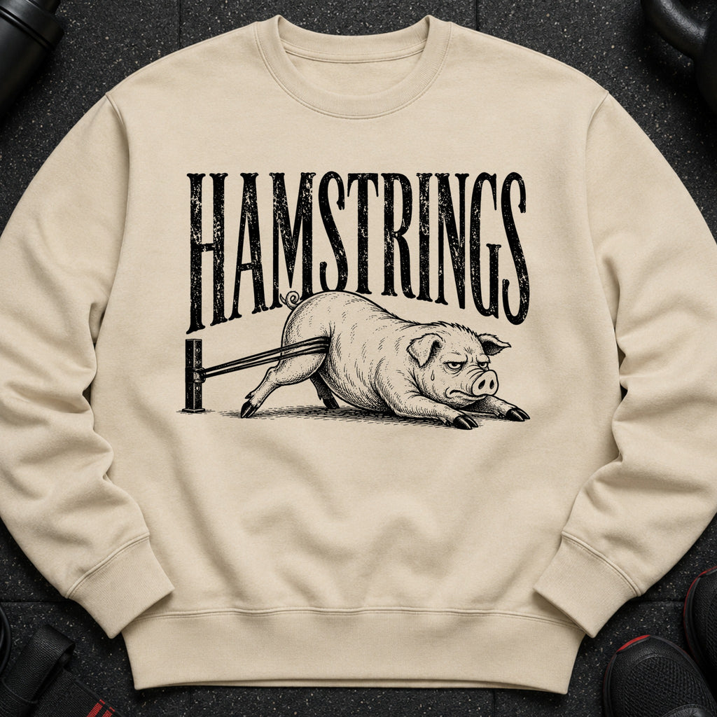 Sweatshirt with "HAMSTRINGS" text and a pig stretching a resistance band.