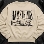 Sweatshirt with "HAMSTRINGS" text and a pig stretching a resistance band.