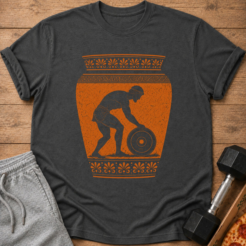 Dark grey t-shirt with ancient Greek artwork of a man lifting a weight.