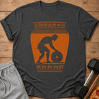 Dark grey t-shirt with ancient Greek artwork of a man lifting a weight.