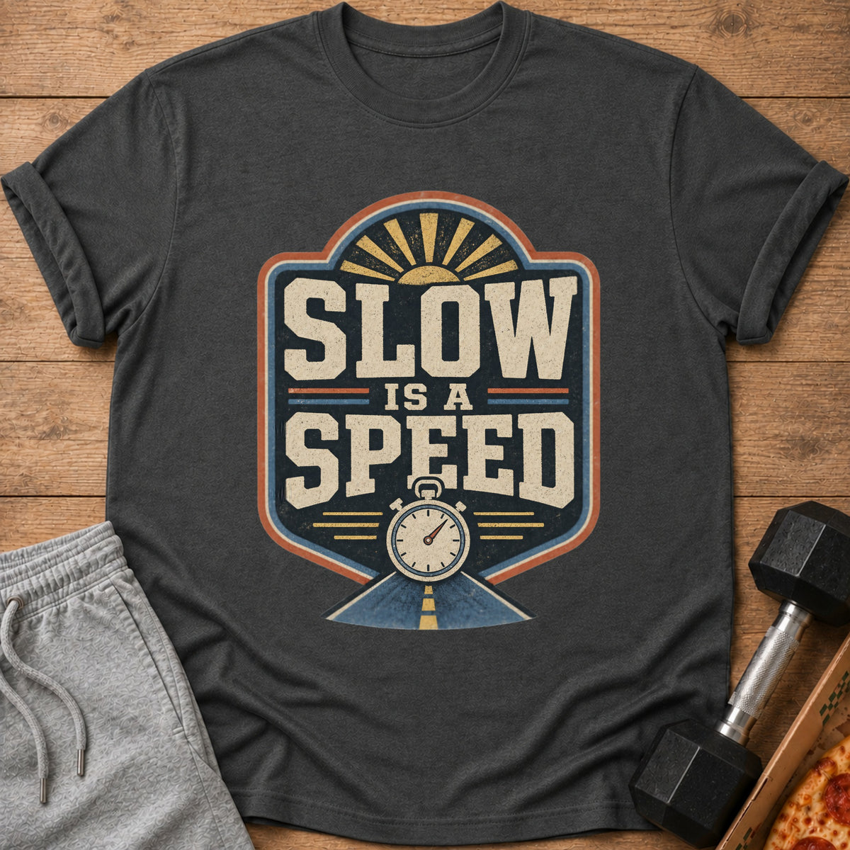 Dark grey t-shirt with "SLOW IS A SPEED" graphic and stopwatch.