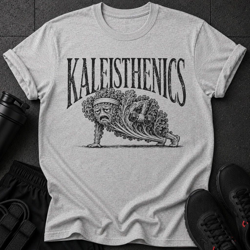 Kaleisthenics graphic on a grey t-shirt with a sad kale character doing a push-up.