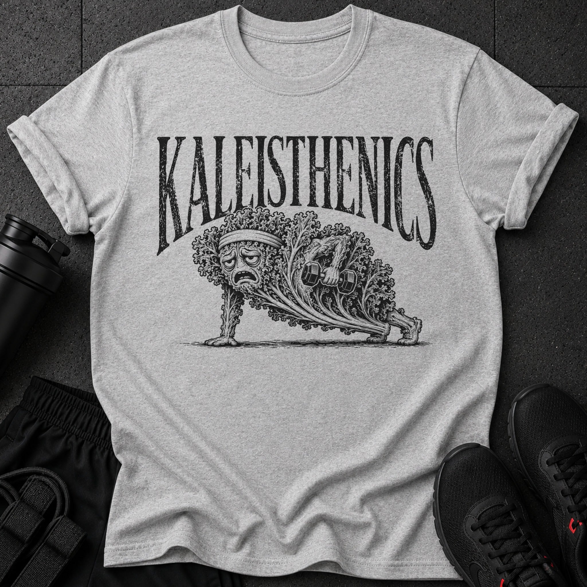 Kaleisthenics graphic on a grey t-shirt with a sad kale character doing a push-up.