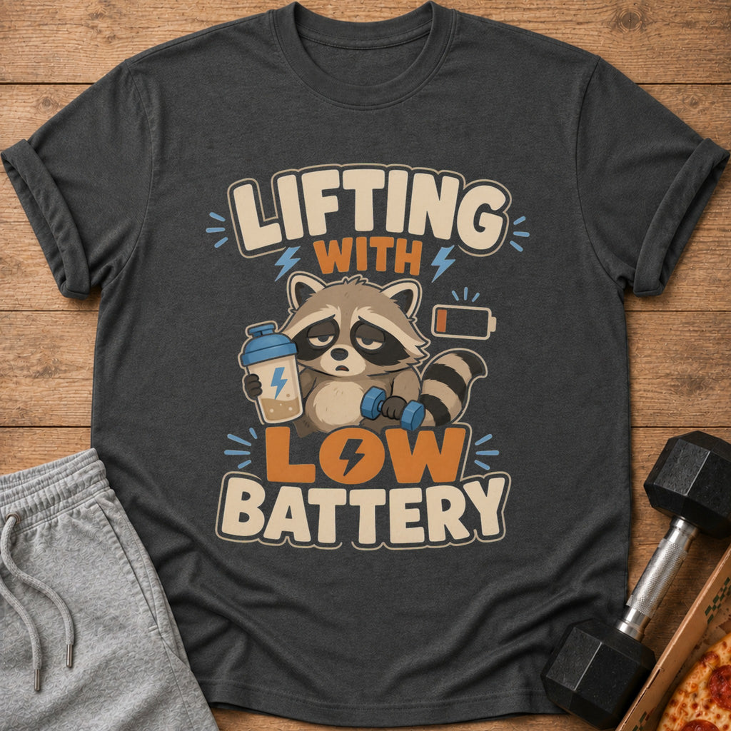 T-shirt with raccoon holding dumbbell and protein shaker, text "LIFTING WITH LOW BATTERY".