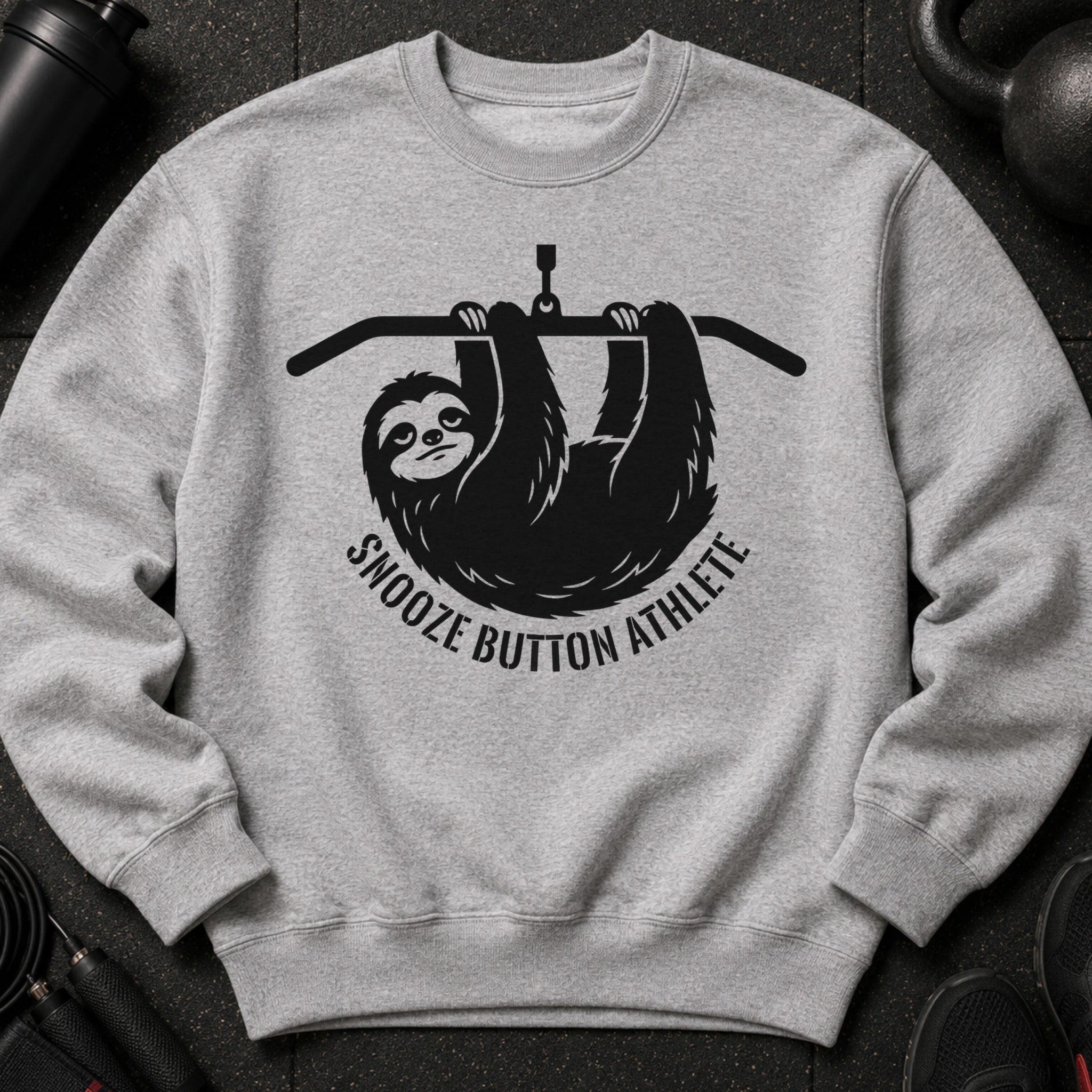 Gray sweatshirt with black sloth graphic and "Snooze Button Athlete" text.