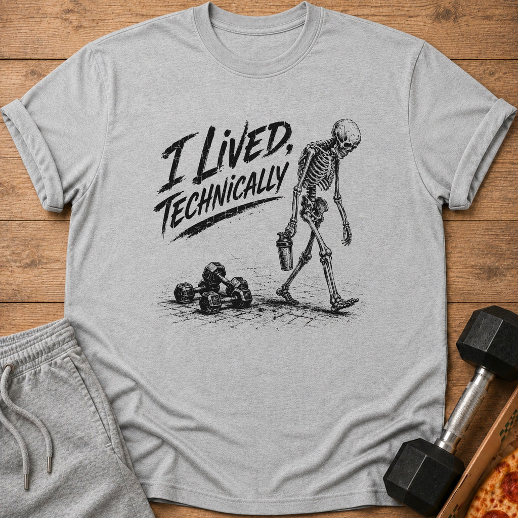 Grey t-shirt with black graphic of skeleton carrying shaker, "I Lived, Technically" text.