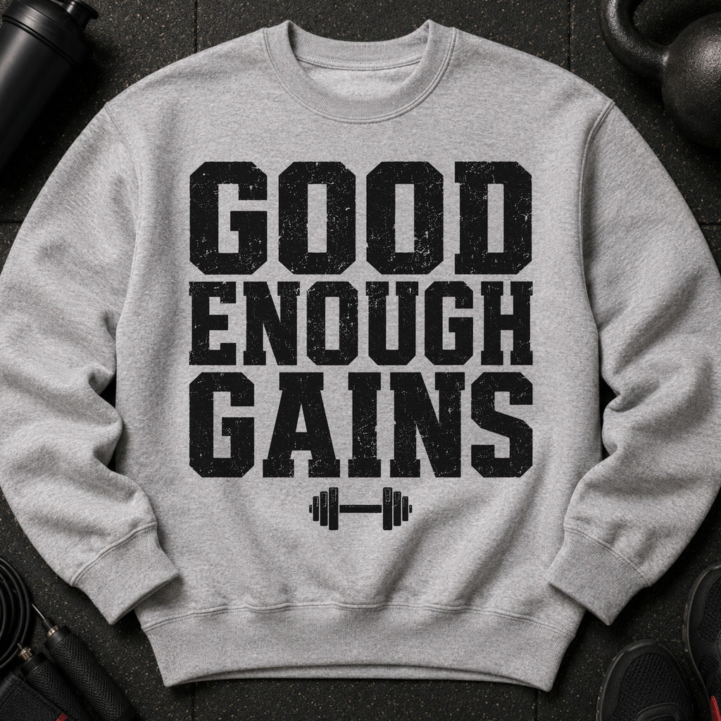 Grey sweatshirt with "GOOD ENOUGH GAINS" text and barbell graphic.