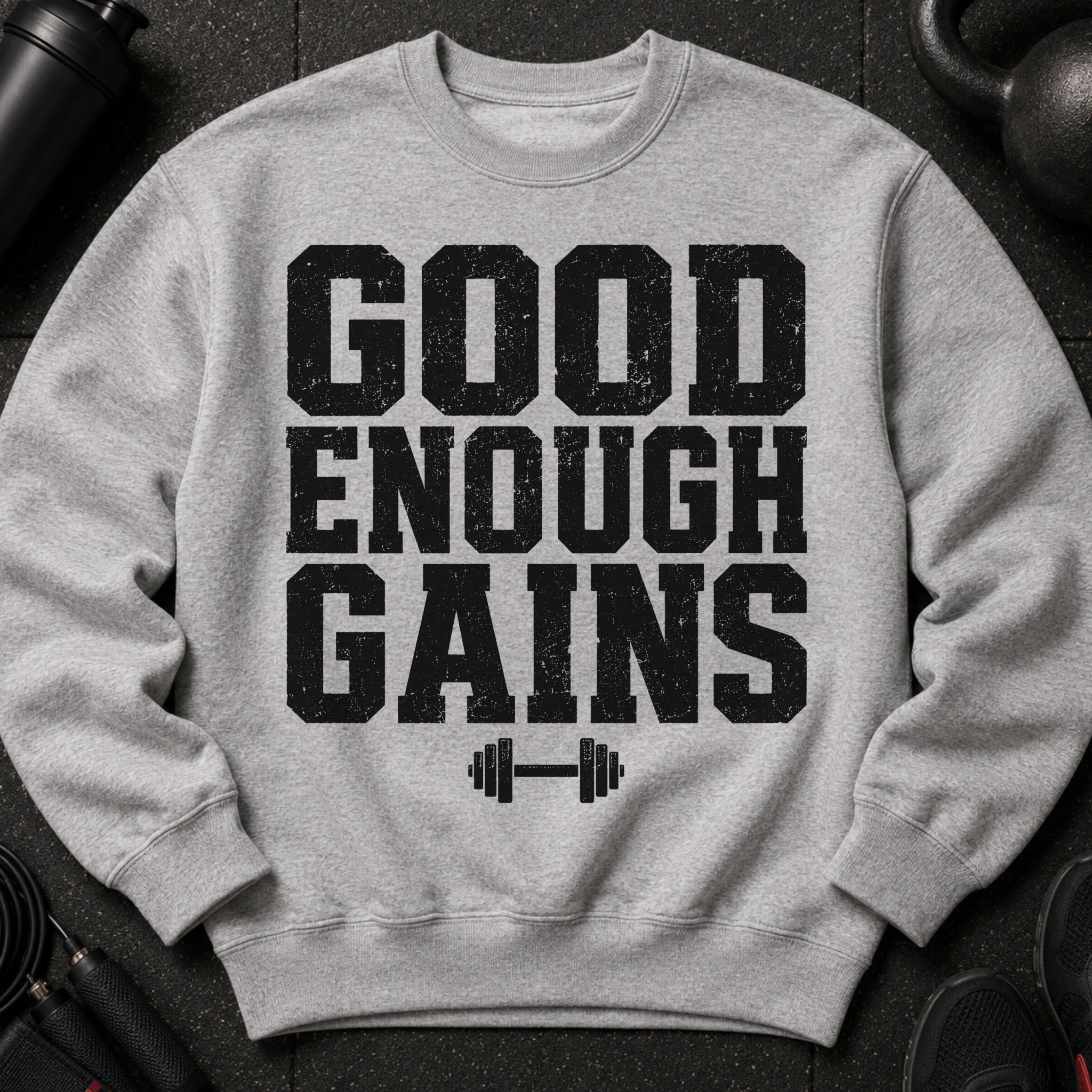 Grey sweatshirt with "GOOD ENOUGH GAINS" text and barbell graphic.
