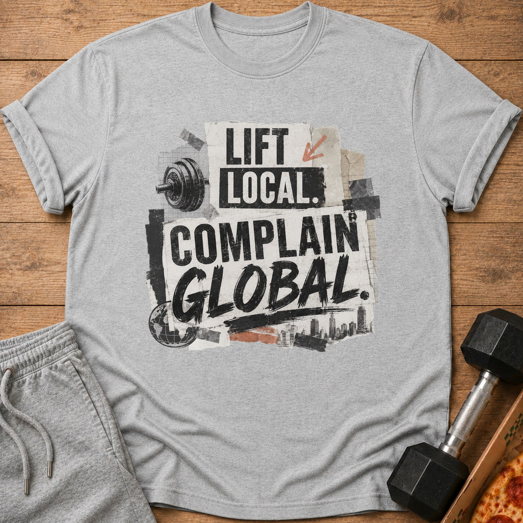 Gray t-shirt with "LIFT LOCAL. COMPLAIN GLOBAL." text and gym graphics.
