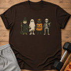 T-shirt with Halloween characters: frog wizard, ghost, pumpkin cat, skeleton weightlifter.