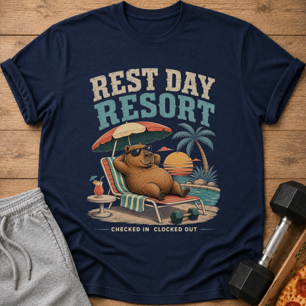 Navy t-shirt with capybara relaxing at a resort with text "REST DAY RESORT CHECKED IN CLOCKED OUT".