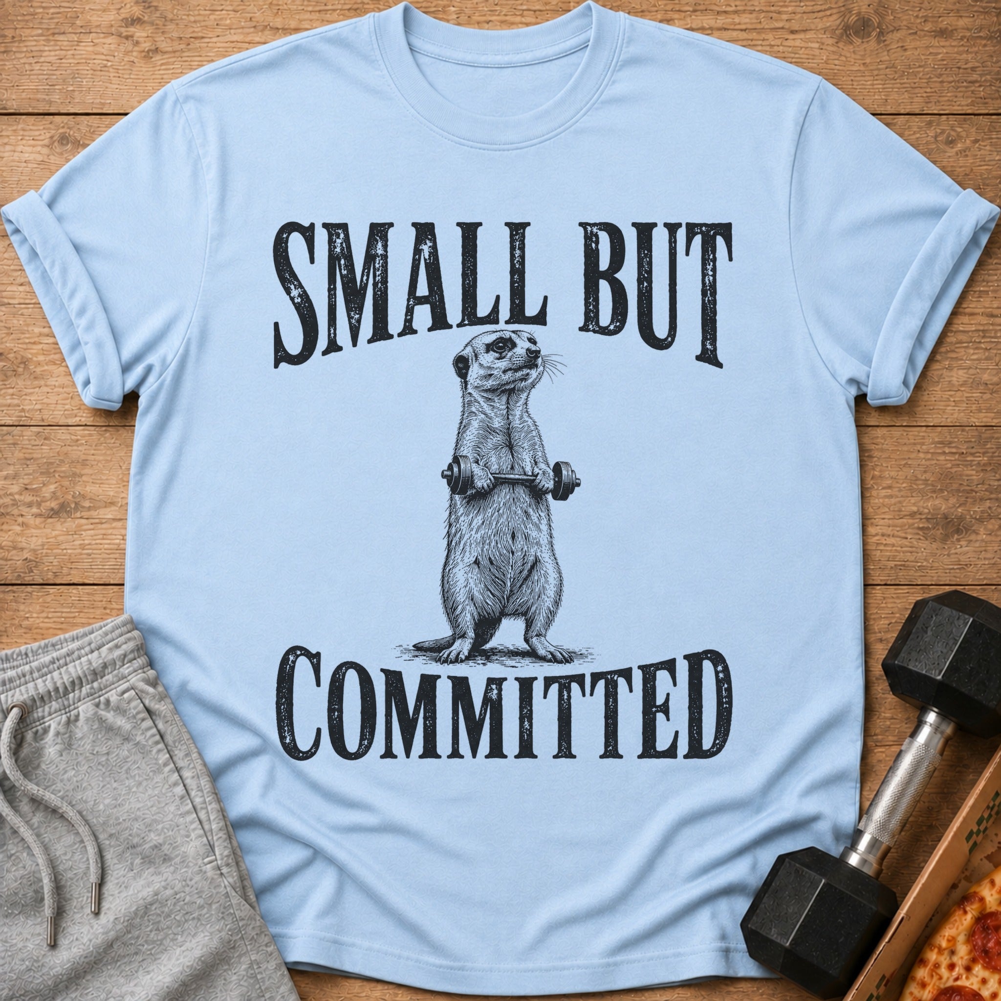 Light blue t-shirt with a meerkat lifting weights and text "SMALL BUT COMMITTED".