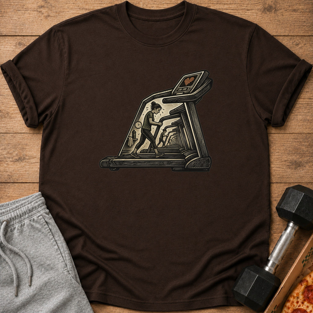 T-shirt with graphic of woman on treadmill, gym shorts, and dumbbell.
