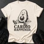 Cream t-shirt with tired avocado character and "CARDIO HAPPENED." text.