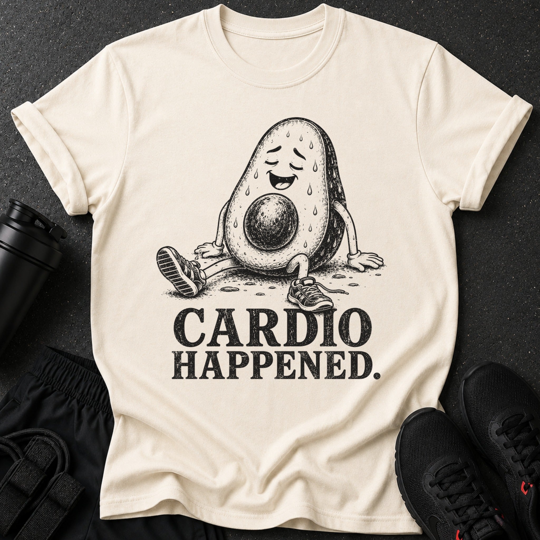 Cream t-shirt with tired avocado character and "CARDIO HAPPENED." text.
