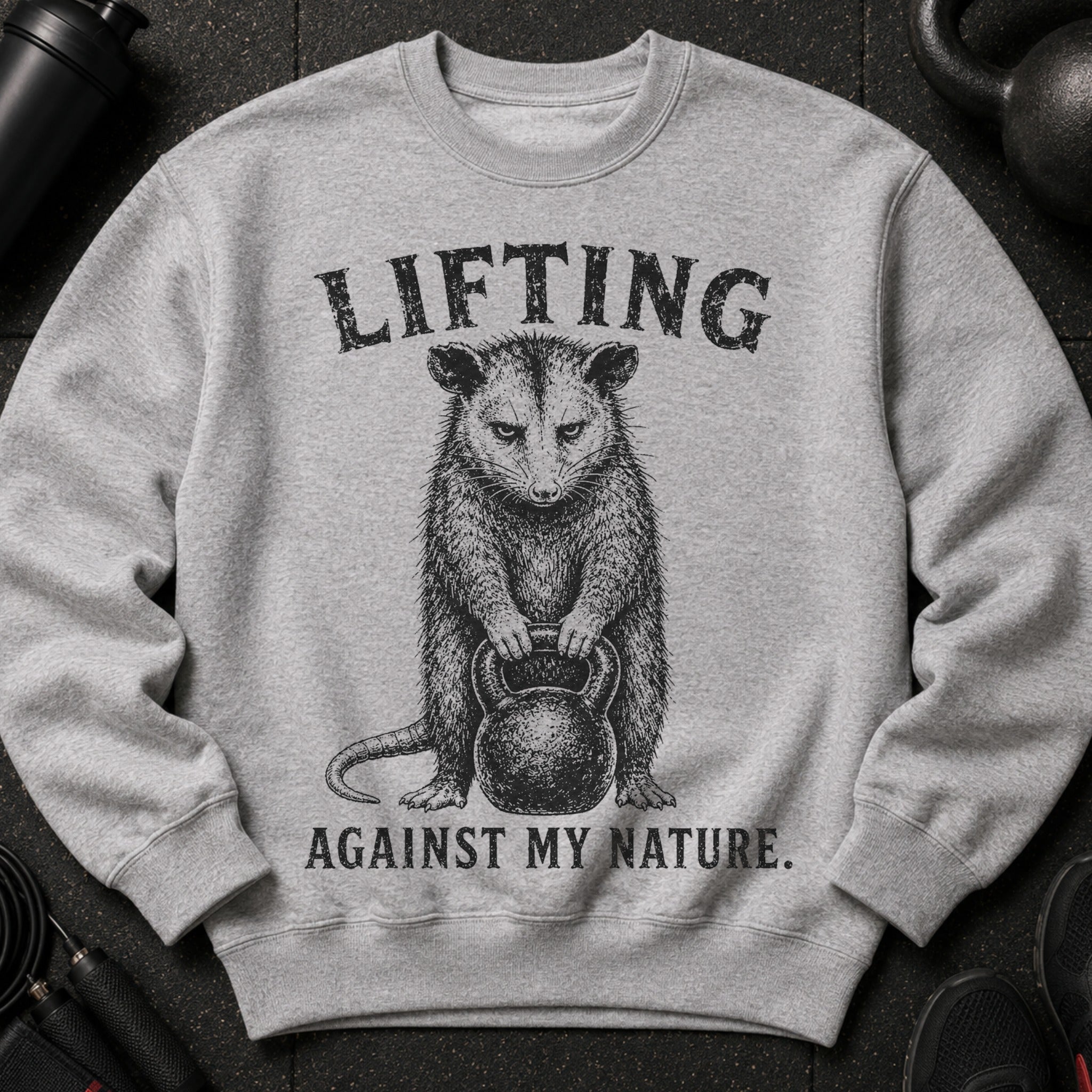Grey sweatshirt with opossum lifting kettlebell design and text "LIFTING AGAINST MY NATURE."