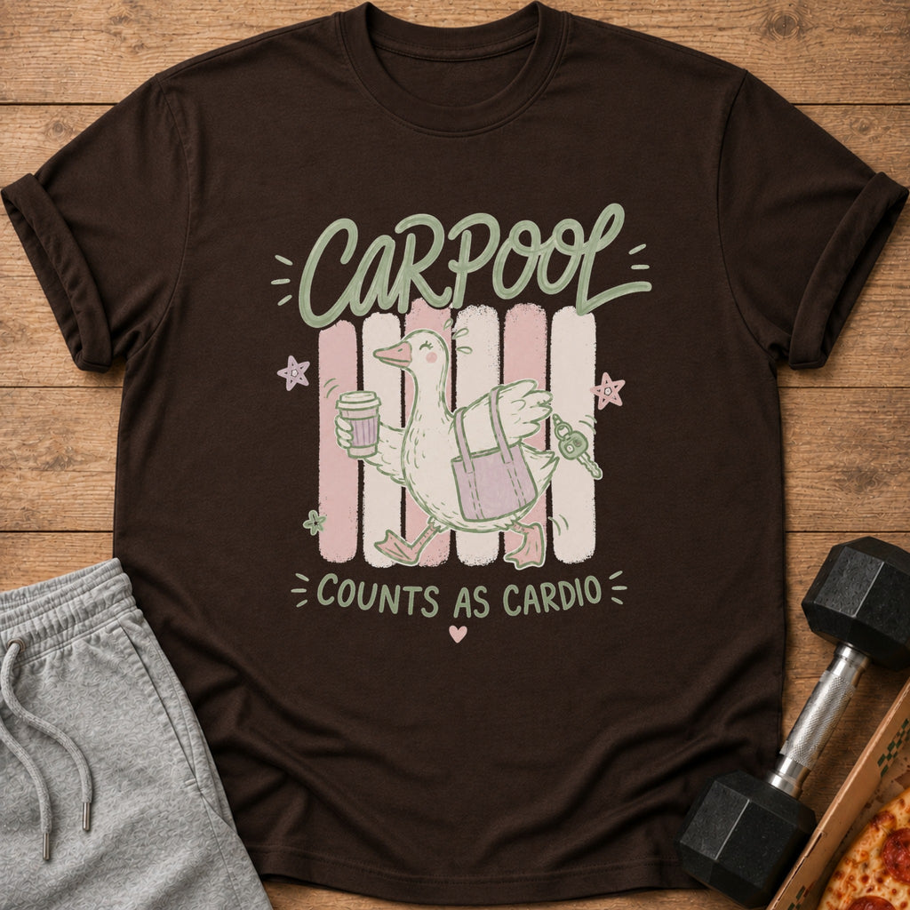 A cartoon goose with a coffee and purse walks past colorful stripes, text reads "CARPOOL COUNTS AS CARDIO".