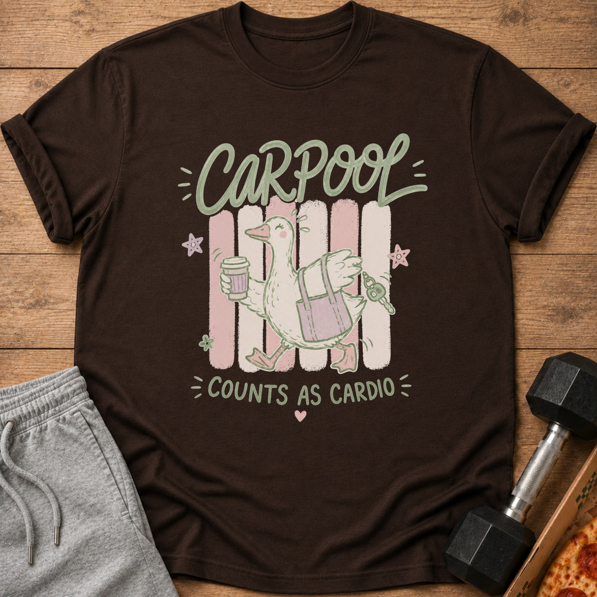 A cartoon goose with a coffee and purse walks past colorful stripes, text reads "CARPOOL COUNTS AS CARDIO".