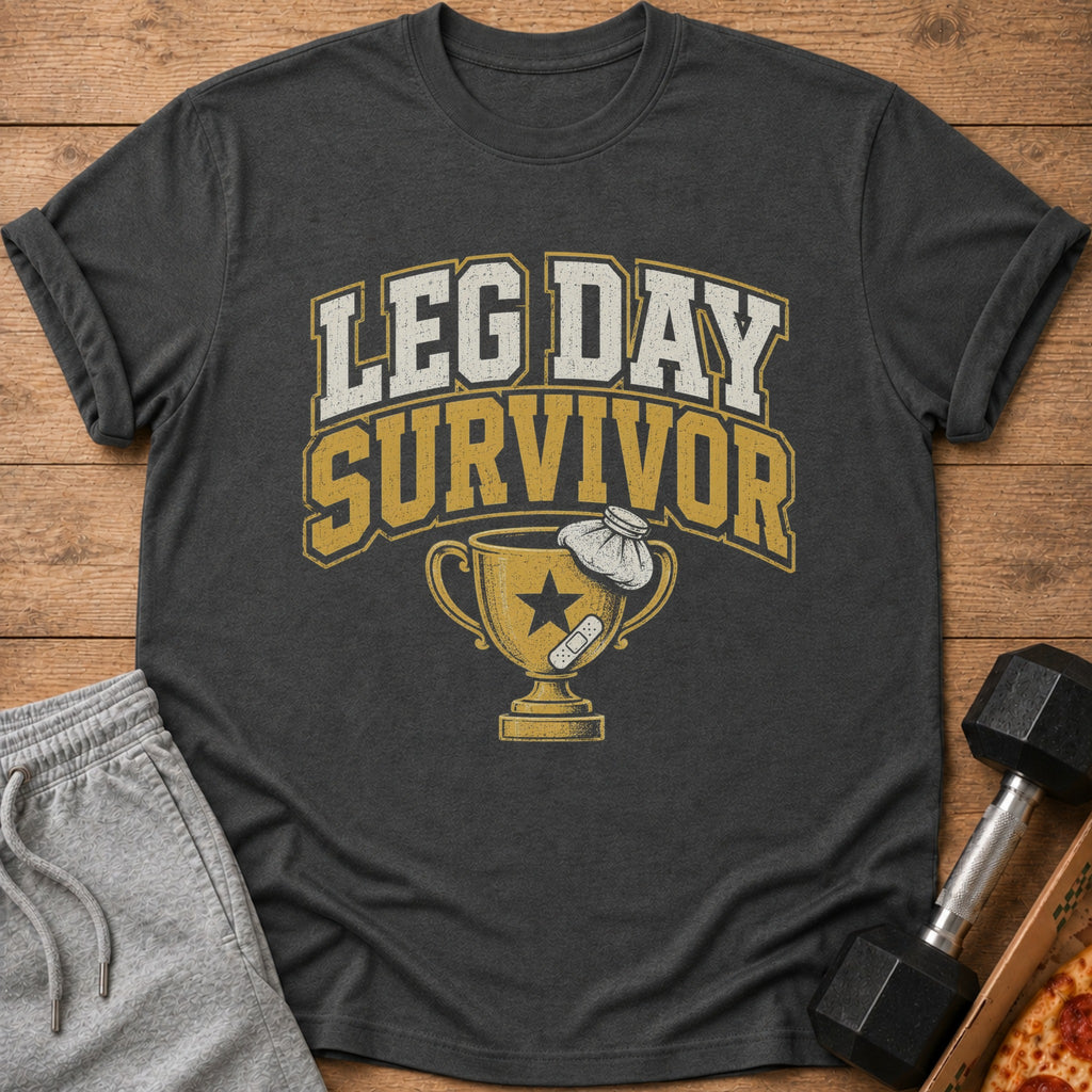 Dark gray t-shirt with "LEG DAY SURVIVOR" text and trophy graphic.