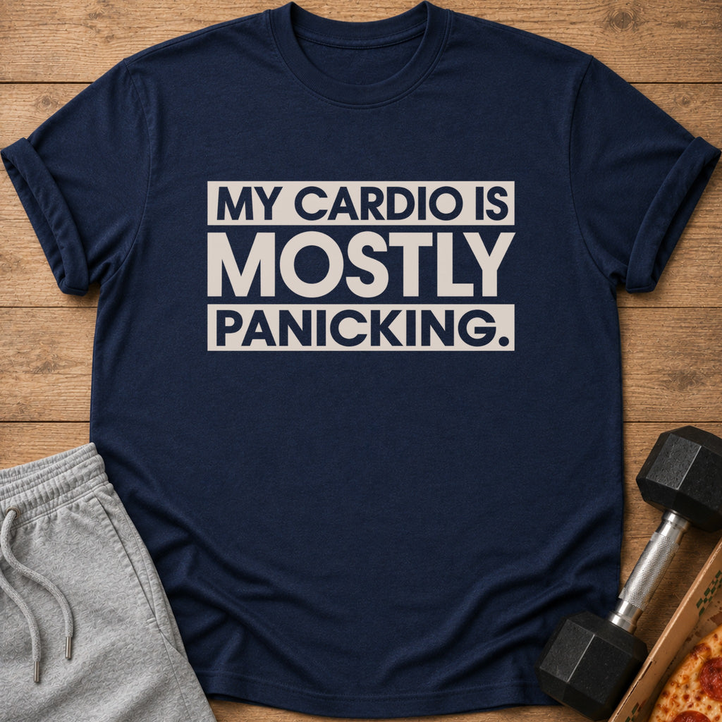 Navy t-shirt with white text reading "MY CARDIO IS MOSTLY PANICKING."