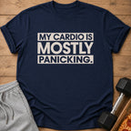 Navy t-shirt with white text reading "MY CARDIO IS MOSTLY PANICKING."