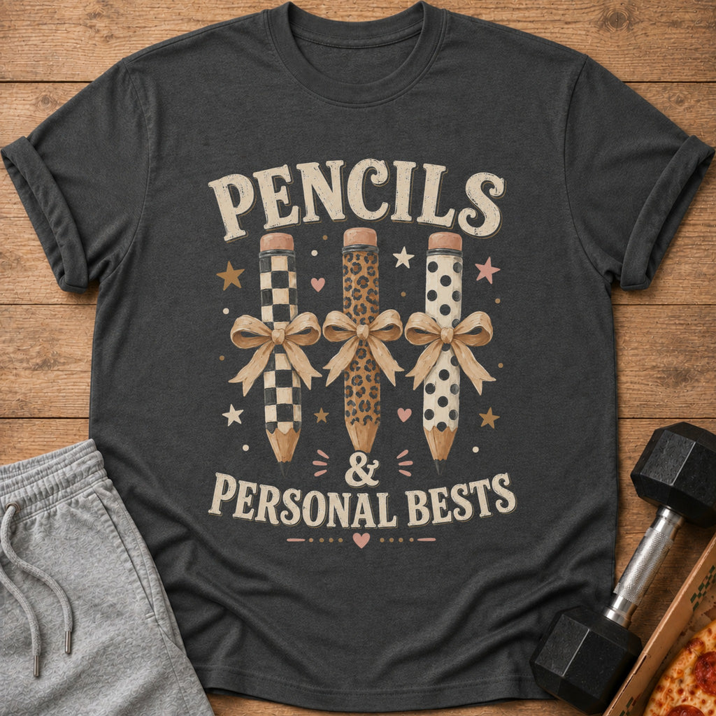 Graphic t-shirt with "PENCILS & PERSONAL BESTS" text and three decorative pencils.