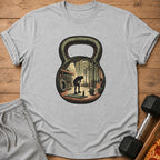 Graphic of a gym interior within a kettlebell silhouette on a gray t-shirt.