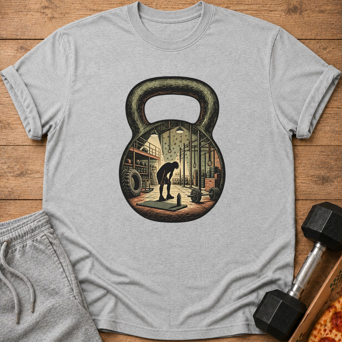 Graphic of a gym interior within a kettlebell silhouette on a gray t-shirt.