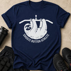 Navy t-shirt with white sloth graphic and text saying "Snooze Button Athlete".