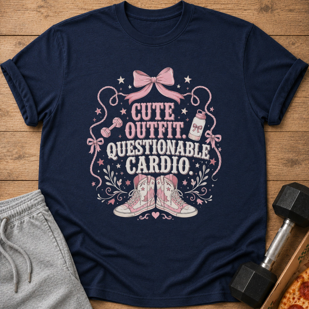 Navy t-shirt with "Cute Outfit. Questionable Cardio." text and graphic.