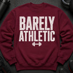 Maroon sweatshirt with "BARELY ATHLETIC" and dumbbell graphic.
