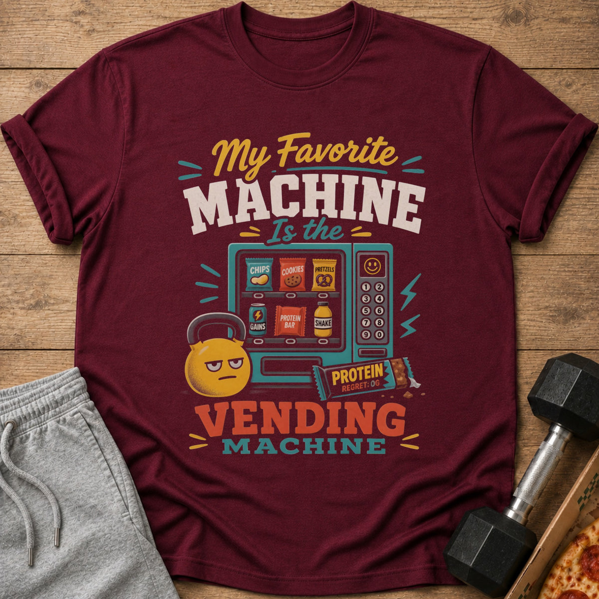 Maroon t-shirt with "My Favorite Machine is the Vending Machine" graphic.