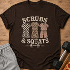 Brown t-shirt with "Scrubs & Squats" text and three scrub sets.