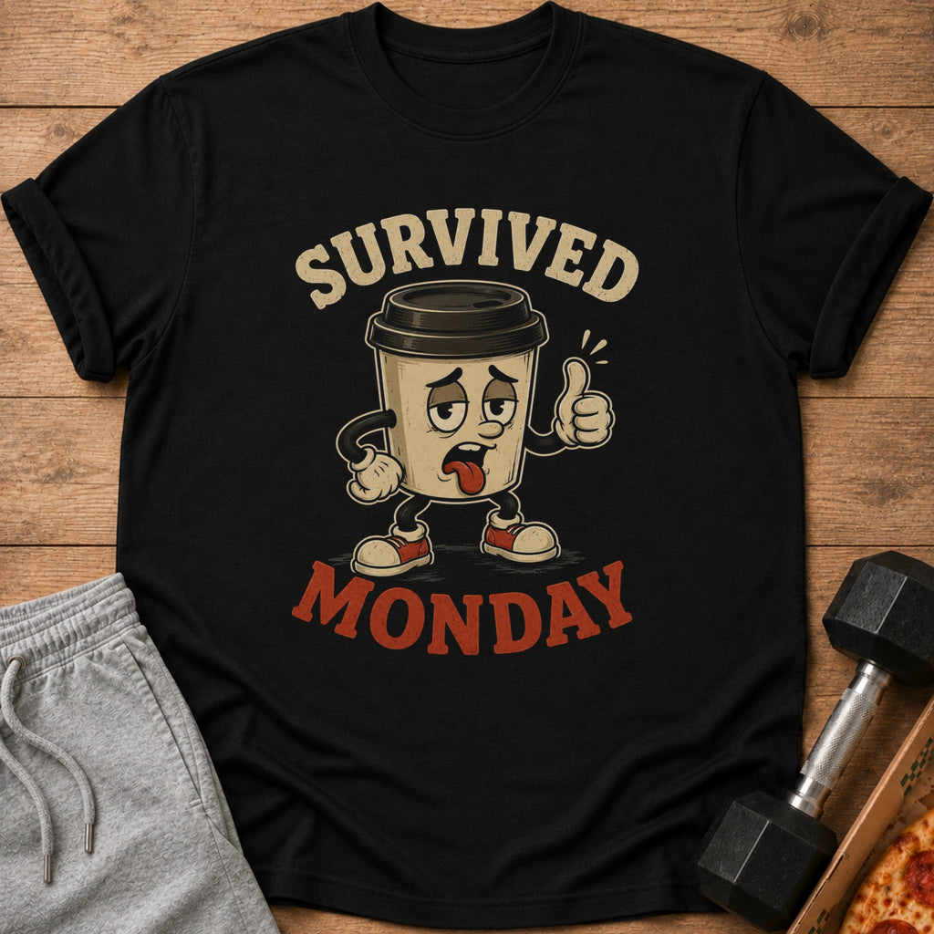 Black t-shirt with cartoon coffee cup saying "Survived Monday" and giving a thumbs up.