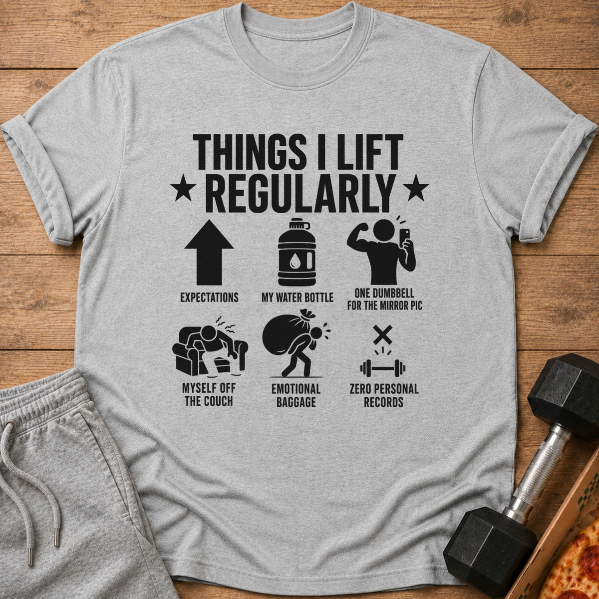 Grey t-shirt with "Things I Lift Regularly" and workout humor graphics.